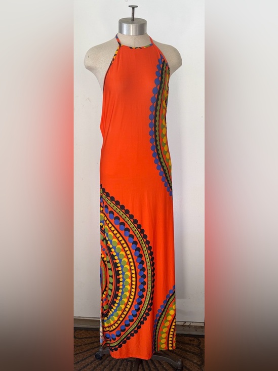 VENUS Dresses & Skirts - VENUS Orange Halter Maxi Dress with Multicolor Circular Print Womens M